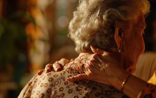Caregiver's hands resting gently on the shoulders of a senior woman at home