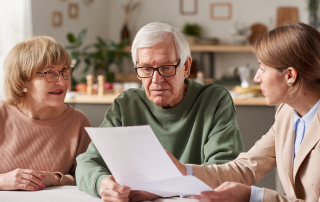 Older couple reviewing documents with an advisor at their kitchen table